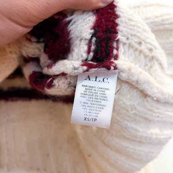 ALC Cream Red Striped Wool Mohair Blend Balloon Sleeve Turtleneck Sweater XS - Picture 5 of 8